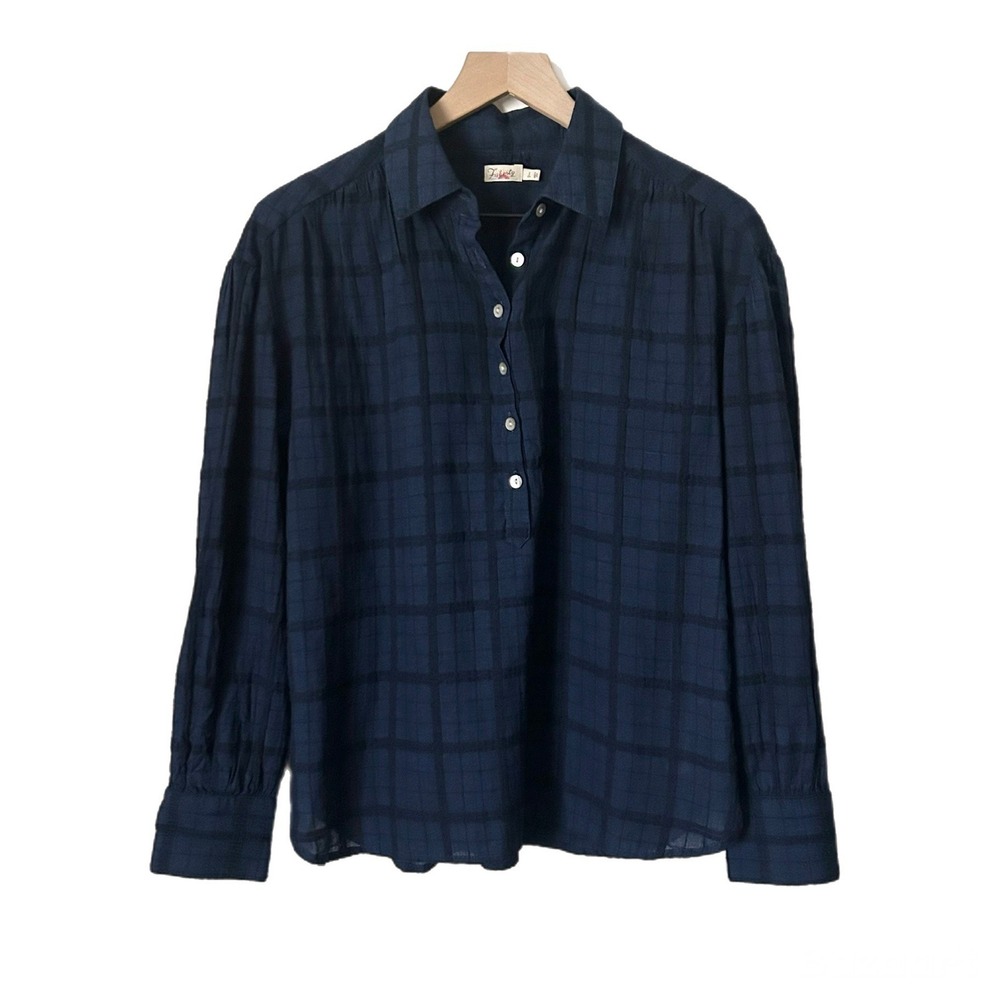 Faherty Olli Navy Blue Organic Cotton Indigo Dyed Windowpane Henley Shirt Small